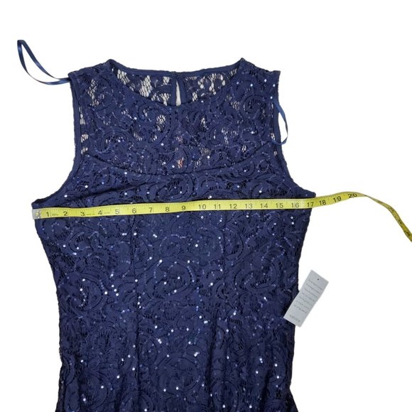 NEW MARINA Sequin Lace Gown Dress Sz 6 Navy Blue Sleeveless Sheath Keyhole Back - Picture 14 of 16